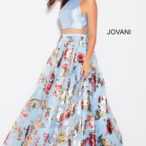 Jovani Blue Floral Print Two Piece Sleeveless Prom Ballgown